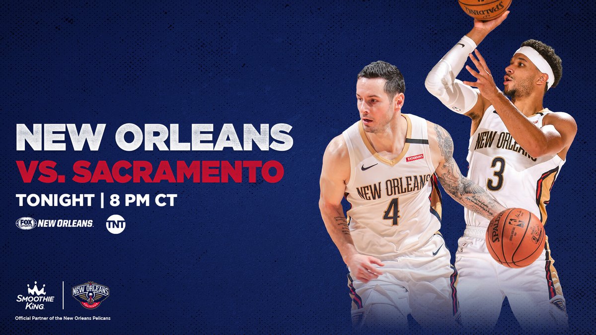 PelicansNBA's tweet photo. Another #PelicansGameDay!

🏀: vs. Sacramento
⏰: 8 p.m. CT
📺: @FOXSportsNOLA &amp; TNT
📻: @ESPNRadioNOLA 100.3 FM

#WontBowDown | @SmoothieKing https://t.co/DlHOy22qb5