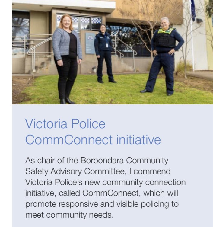 felicity4cotham's tweet photo. A new @VictoriaPolice initiative has been rolled out in the East, and as chair of the @Boroondara Community Safety Advisory Committee I am pleased to see #communitysafety built on local relationships. #commconnect story &amp; survey in my August newsletter https://t.co/WAP6IYqNn4 https://t.co/neo7GaOOVj