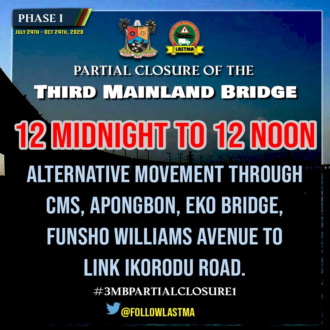 trafficbutter's tweet photo. #DoYouKnow that during the #3MBPartialClosure1, between 12 midnight and 12 noon, you can alternatively move through CMS, Apongbon, EkoBridge, FunshoWilliamsAve to link IkoroduRd. Now you know. Please share. #lastmacares #DriveSafely https://t.co/saxQfxq3nh VIA @followlastma