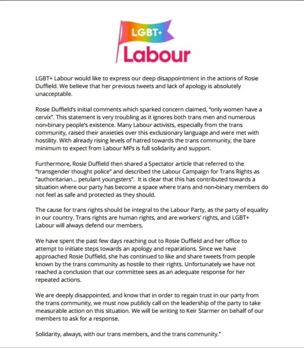 1/  @Keir_Starmer you should be horrified by what LGBT+ Labour & the modern trans movement has become: baying for the blood of a female MP, Rosie Duffield, demanding that she recant the heretical statement that “only women have a cervix”. Democracy is in peril.