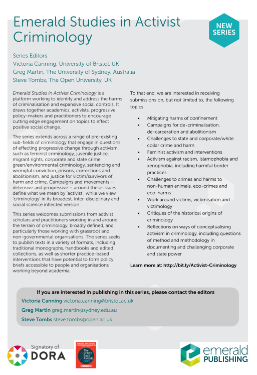 Vicky_Canning's tweet photo. Good news! We are re-launching our Activist Criminology series w/  @EmeraldSoc 

Since we are not superhuman - and don't expect others to be - @steve_tombs, @DocGregMartin and I suspended this at the height of the pandemic 

We're ready to get going again. Send us ideas 👇🏾🤩 https://t.co/JfC9CnoI4A