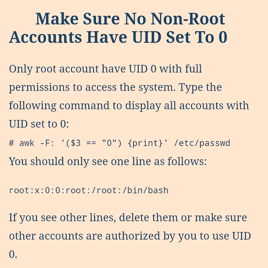 linuxtipss's tweet image. Make Sure No non-Root Account Have UID set To 0

To check in your #Linux system with below command

#security  #securitytips #linuxtips #server #servertips #serverscurity #linuxtutorial #CloudSecurity #command #aws #websecurity