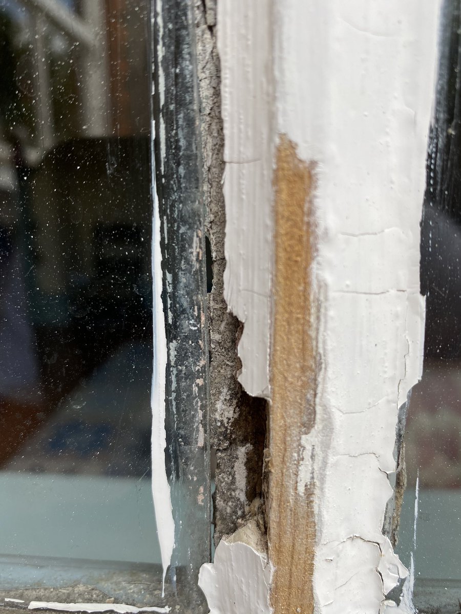sospainter's tweet photo. Sad old sash window. It had moved so much the glass was clear of the central timber. Had to remove the entire pane of glass. Fix the frame. Repair with @repaircareuk resin. Reglaze and paint. All in a days work. https://t.co/gqcB3jGQF2