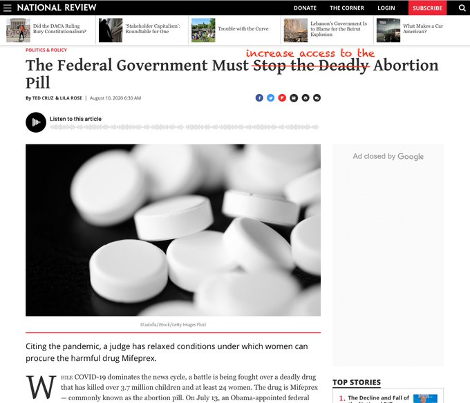 Screenshot of Senator Ted Cruz and Lila Rose's National Review article titled The Federal Government Must Stop the Deadly [it's not] Abortion Pill which needs a bit of fact checking. Red pen marks factually inaccurate sentences.