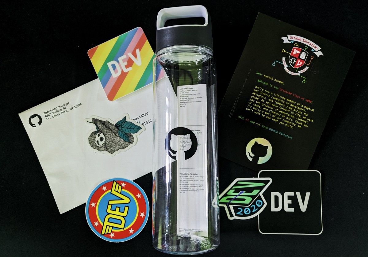 Kautukkundan's tweet photo. So grateful to @GitHubEducation and @ThePracticalDev for making 2020 a bit better ❤️ Thank you so much, loved these! 
#Octograd2020 #Classof2020 #DEVCommunity https://t.co/r78Uj9bt6p
