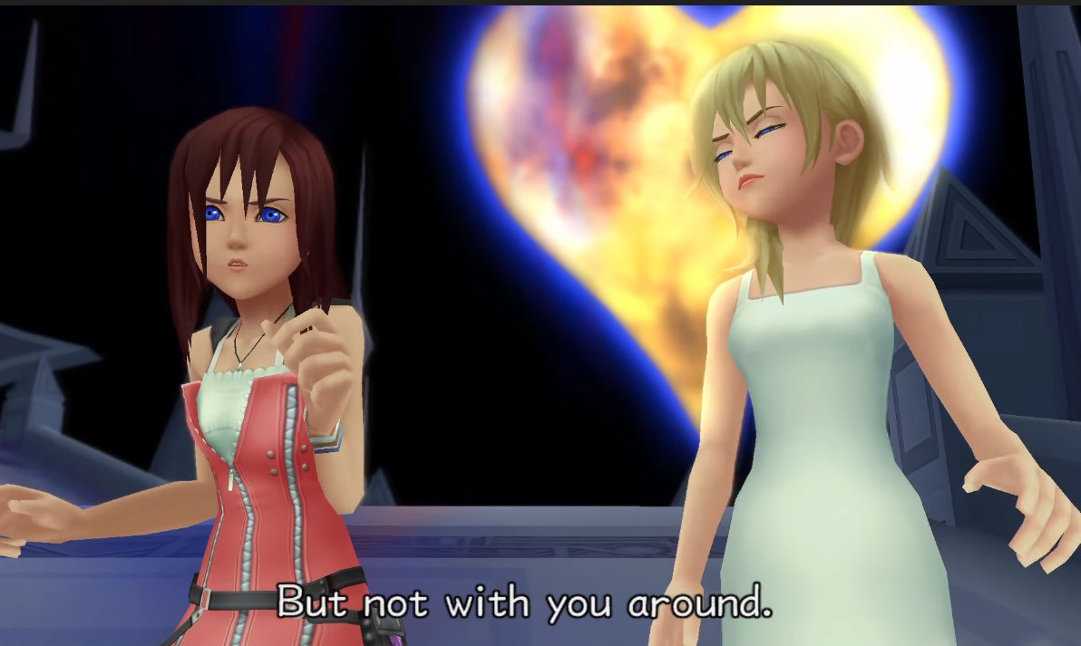 Realizing that her weakness was the reason Sora was in trouble, she started to feel down about herself. Namine helps her escape, and then she runs into Saix who offers to "take her to Sora" and she shows off her spunk.