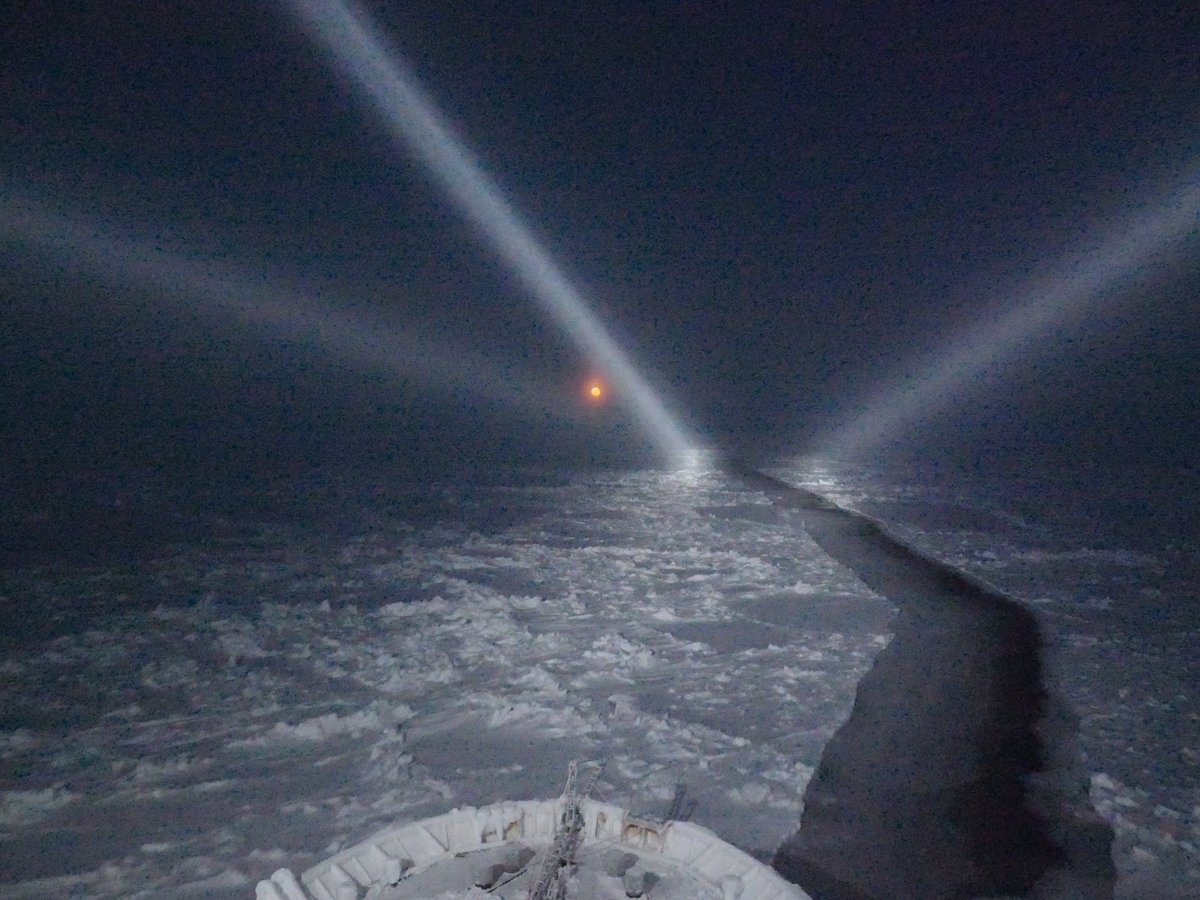 February 11, travelling through cracks and leads towards the red moon. Tidally-induced motion is an important aspect of navigation through the ice.