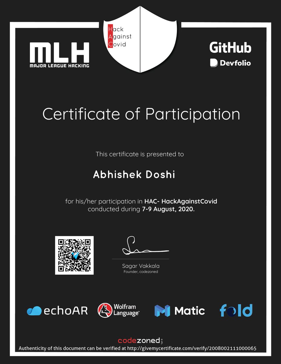 AbhishekDoshi26's tweet photo. It was a great experience 🥳🥳
@codezoned
#HackAgainstCovid #codezoned #github #mlh #devfolio #matic #echoar #wolfram #fold #Hackathon #GiveMyCertificate https://t.co/hE3FIdkcD9