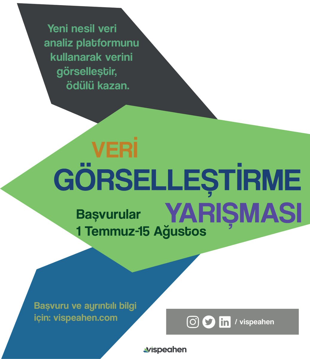 #Vispeahen Veri Görselleştirme Yarışması'na Başvuru İçin Son 5 Gün! Başvuru İçin Link: lnkd.in/di35jSe
Ödüller:
Birinci 4.000 TL
İkinci 2.000 TL
Üçüncü 1.000 TL