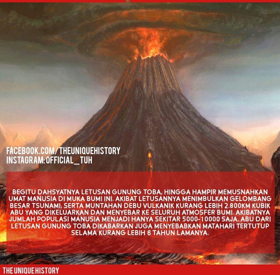 Gas sulfat yang dilepaskan tersebar luas ke atmosfera dan menutupi bumi menyebabkan kegelapan total yang terjadi selama bertahun-tahun Letusan gunung Toba yang terjadi saat itu berada dilevel tertinggi letusan gunung berapi, iaitu 8 Volcanic Explosivity Index (VEI).