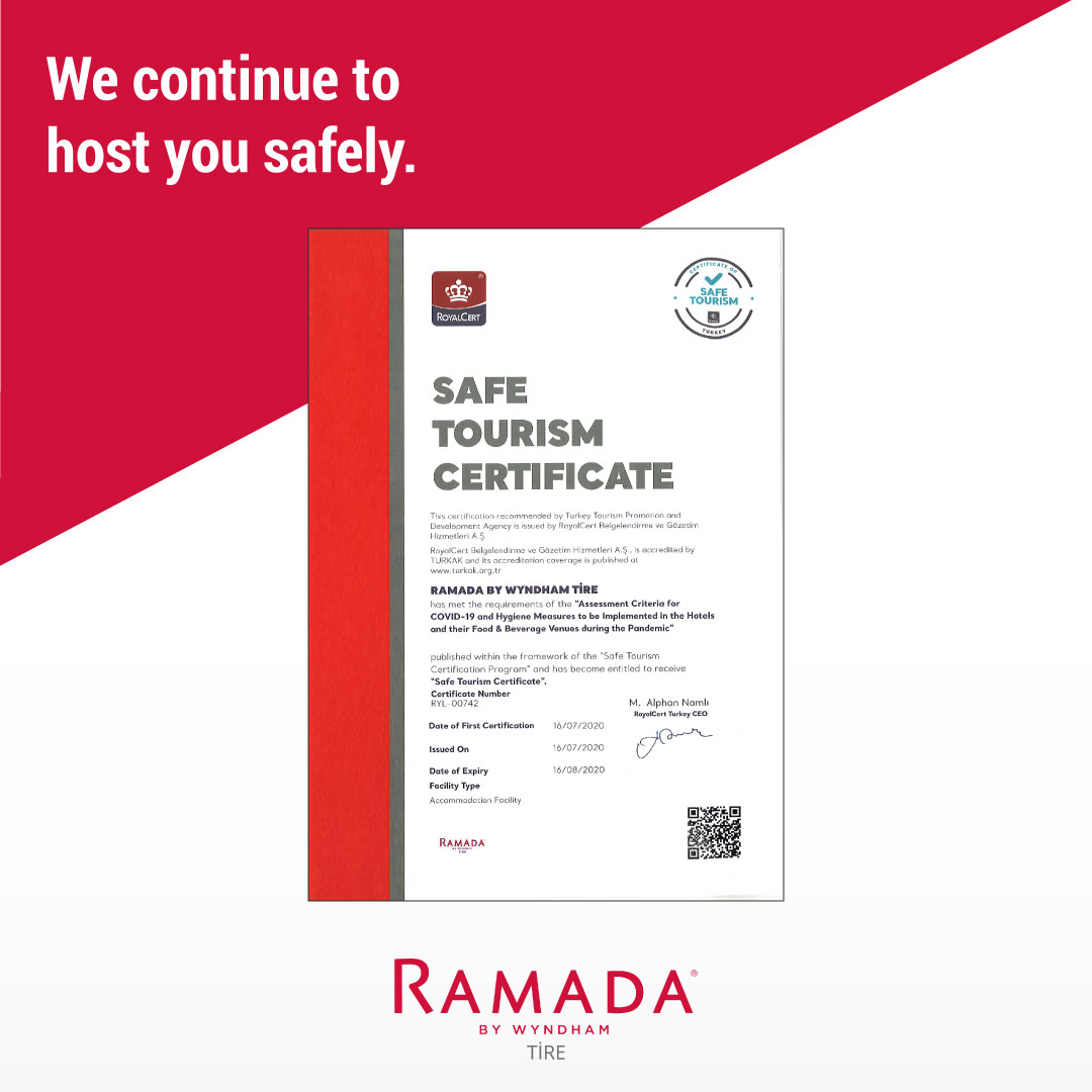 Ramada by Wyndham Tire olarak Güvenli Turizm Sertifikasyon Programı Çerçevesinde yayımlanan “Covid-19 ve Hijyen Uygulamaları Değerlendirme Kriterleri” kapsamında istenen koşulları yerine getirerek “Güvenli Turizm Sertifikası” almaya hak kazandık.
#ramadabywyndhamtire #safetourism