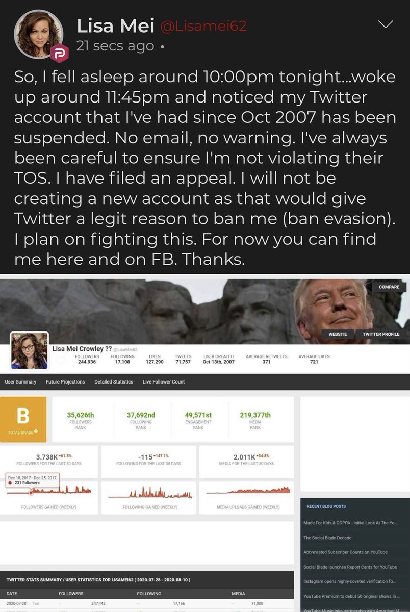 19. Having been banned from Twitter Lisa Mei posts on Parler that she won't be making a new account because then she'd be allowing Twitter to honestly ban her for ban evasion. QAnon is hilarious.