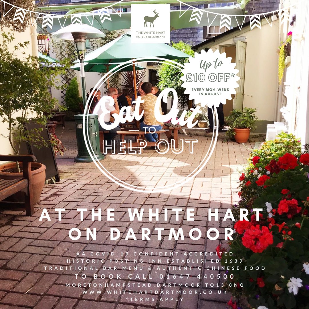 During August diners at The White Hart will be able to benefit from 50% off food &amp; soft drinks thanks to the government's Eat Out to Help Out scheme. The discount allows diners to get a maximum 50% on Mondays, Tuesdays &amp; Wednesdays. To reserve a table call 01647 440500. #Dartmoor