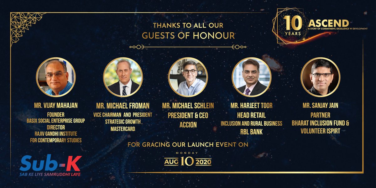 SubKIMPACT's tweet photo. We, at @SubKIMPACT thank all our “Guests of Honour” for gracing the occasion of our decennial celebration, #ASCEND. It was an honour to launch our #Fintechplatform, Sub-K SARTHI in your presence.
Link: https://t.co/DO0s5vp6Sy
@CNTR4growth @MastercardNews @Accion #10yearsofSubK https://t.co/caNcIX5zEt