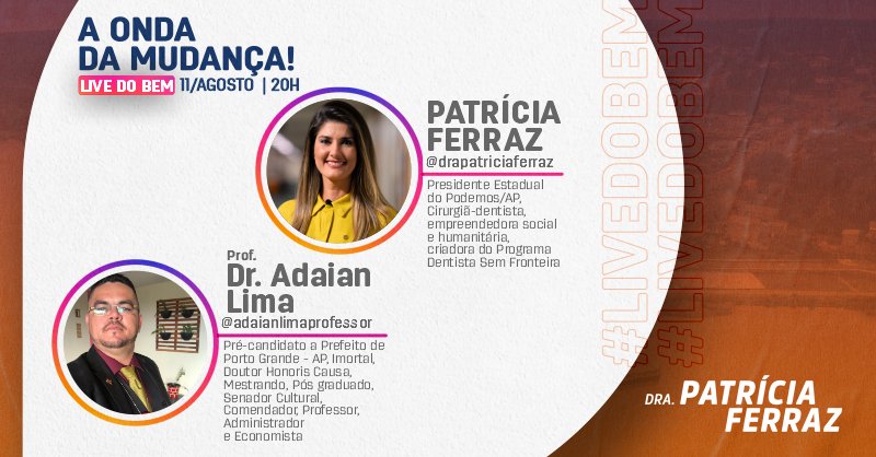 PatriciaLFerraz's tweet photo. #LIVEDOBEM
.
Em nossa série de #livesdobem você irá conhecer os pré candidatos do Podemos/AP. Histórias, projetos, mudança!!
.
HOJE com Dr. Adaian Lima, pré-candidato a prefeito de Porto Grande.
.
🕐 20:00 Hs
.
📲 Facebook: Dra.Patrícia Ferraz
Link: https://t.co/F0dHfngvAJ https://t.co/Iq8hVMkzaC