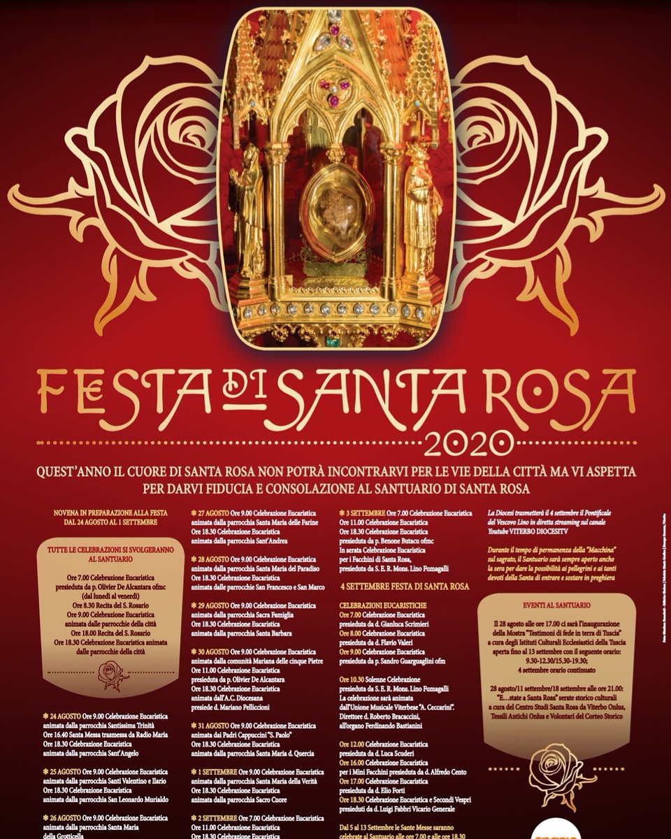 🌹 Festa Santa Rosa 2020🌹
Quest'anno il Cuore Di Santa Rosa non potrà incontrarvi per le vie della città, ma vi aspetta per darvi fiducia  e consolazione al Santuario.
👉 Ecco il programma della festa
#viterbo #santarosa #like #igerslazio #igersviterbo #visitviterbo