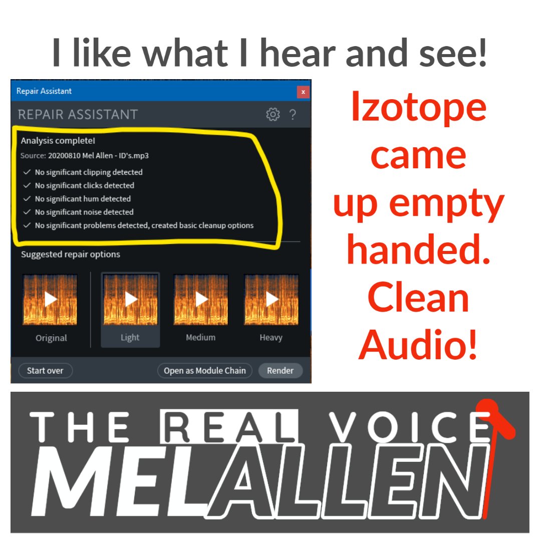 TheRealVoiceMel's tweet photo. Years of working with audio pays off. Ran some work for an #Imaging client through @iZotopeInc RX7 Elements and... it came up with no significant issues detected! When you're on #TheHighwaytoMel you get #cleanaudio
#keepitreal #getreal #imaging #sports #talk #news #radio #tv https://t.co/oiFr0XdQIU