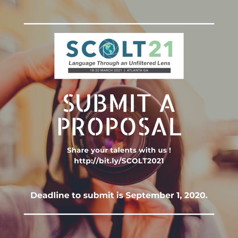 🚨 SCOLT NEEDS YOU!!! 🚨

Have an amazing idea or lesson to share? Consider submitting a proposal for SCOLT 2021: Language Through an Unfiltered Lens. 
Deadline to submit a proposal is October 15, 2020. 

Submit your proposal at bit.ly/SCOLT2021 #langchat #actfl #SCOLT21