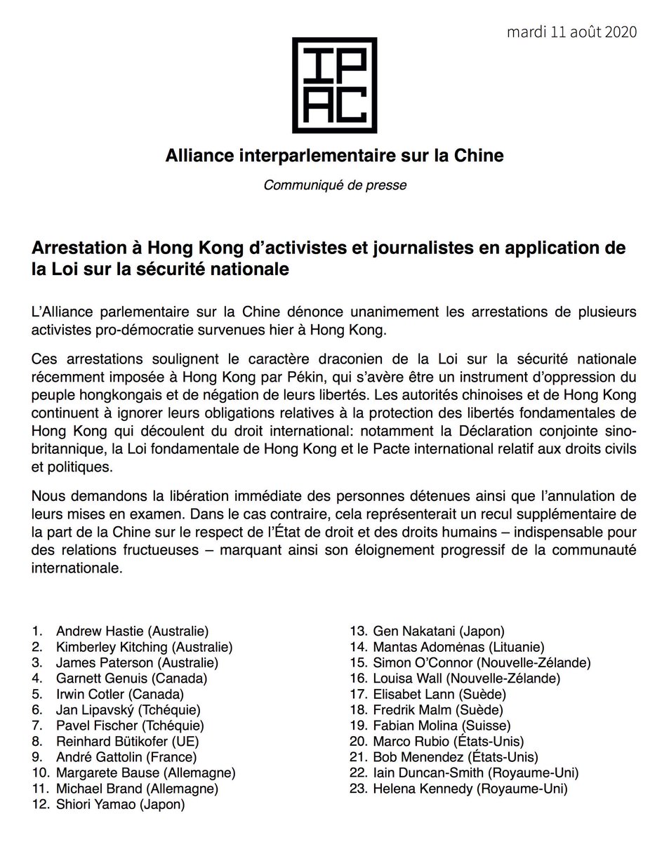 dorianmalovic's tweet photo. A défaut d’une protestation internationale officielle massive après les arrestations de militants et journalistes à #HongKong @ipacglobal a publié ce communiqué pour faire pression sur les gouvernements. #FreeAgnesがトレンド #JimmyLai @AndreGattolin @fxbellamy @LaCroix #Apple https://t.co/xSlD0Llreu