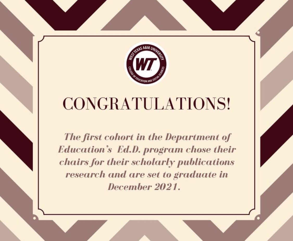 TiffRLongoria's tweet photo. To think I have reached this milestone takes my breath away. I could not being doing this without the love and support from family and friends! I also want to thank the amazing people in cohort one! We all encourage each other. @WTAMU_COESS https://t.co/5XiFRNBSKj