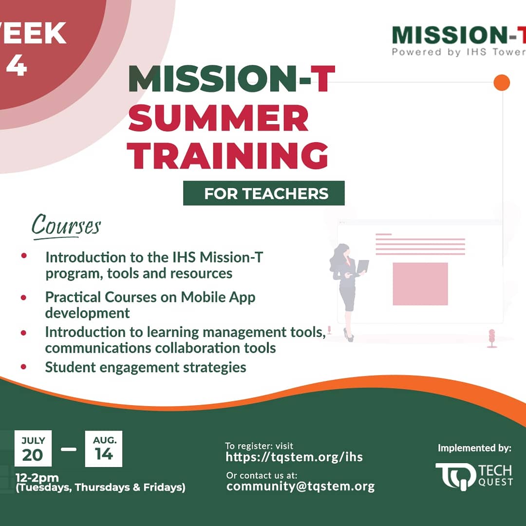 techquestcamp's tweet photo. The Mission-T Summer Training for Students and Teachers has entered its fourth and final week.

The training which is sponsored by IHS Towers and facilitated by TechQuest STEM Academy has empowered teachers and students with digital skills.

... https://t.co/gQCGB1zOSK
