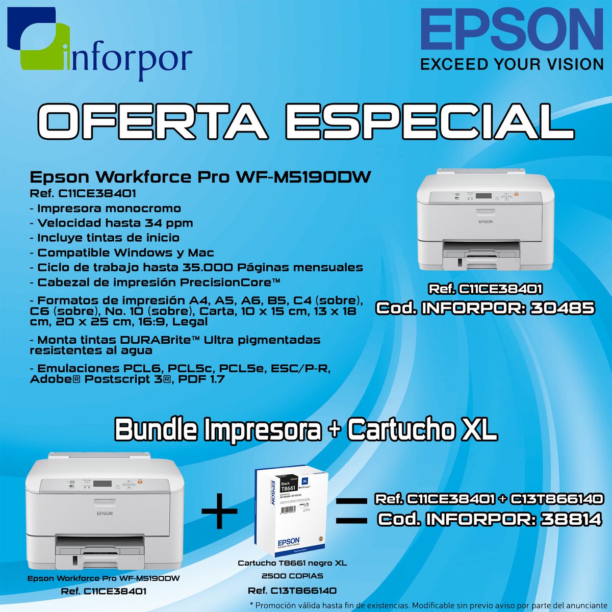 Inforpor's tweet image. Oferta especial @Epson_ES 
#workforcePro #WFM5190DW  
#bundle #impresora + #CartuchoXL
Sólo para CanalIT #Reseller 
Consulta con tu comercial