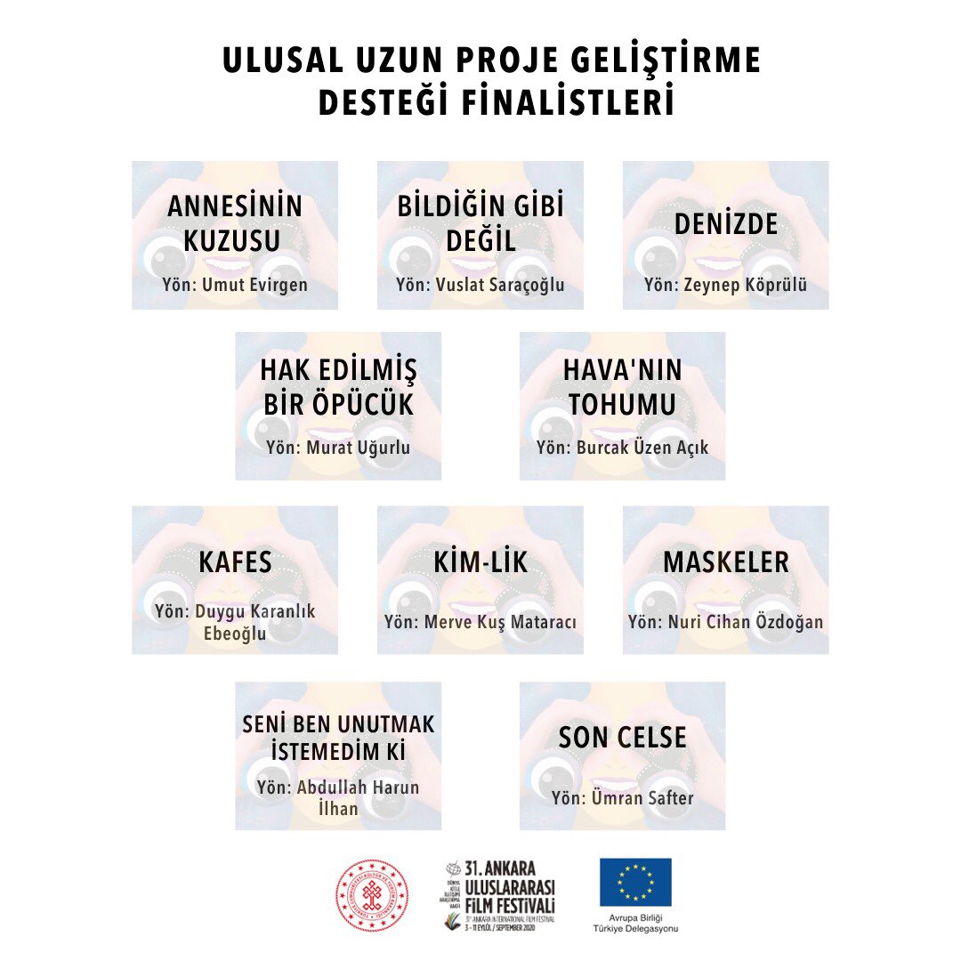 Bu sene 31. kez sinemaseverlerle buluşacak Ankara Uluslararası Film Festivali’nin yerli sinemaya destek platformu Ulusal Uzun Proje Geliştirme Desteği Yarışması’nın projeleri belli oldu!
T.C. Kültür ve Turizm Bakanlığı'nın desteğiyle, AB Türkiye Delegasyonu'nun katkılarıyla
+