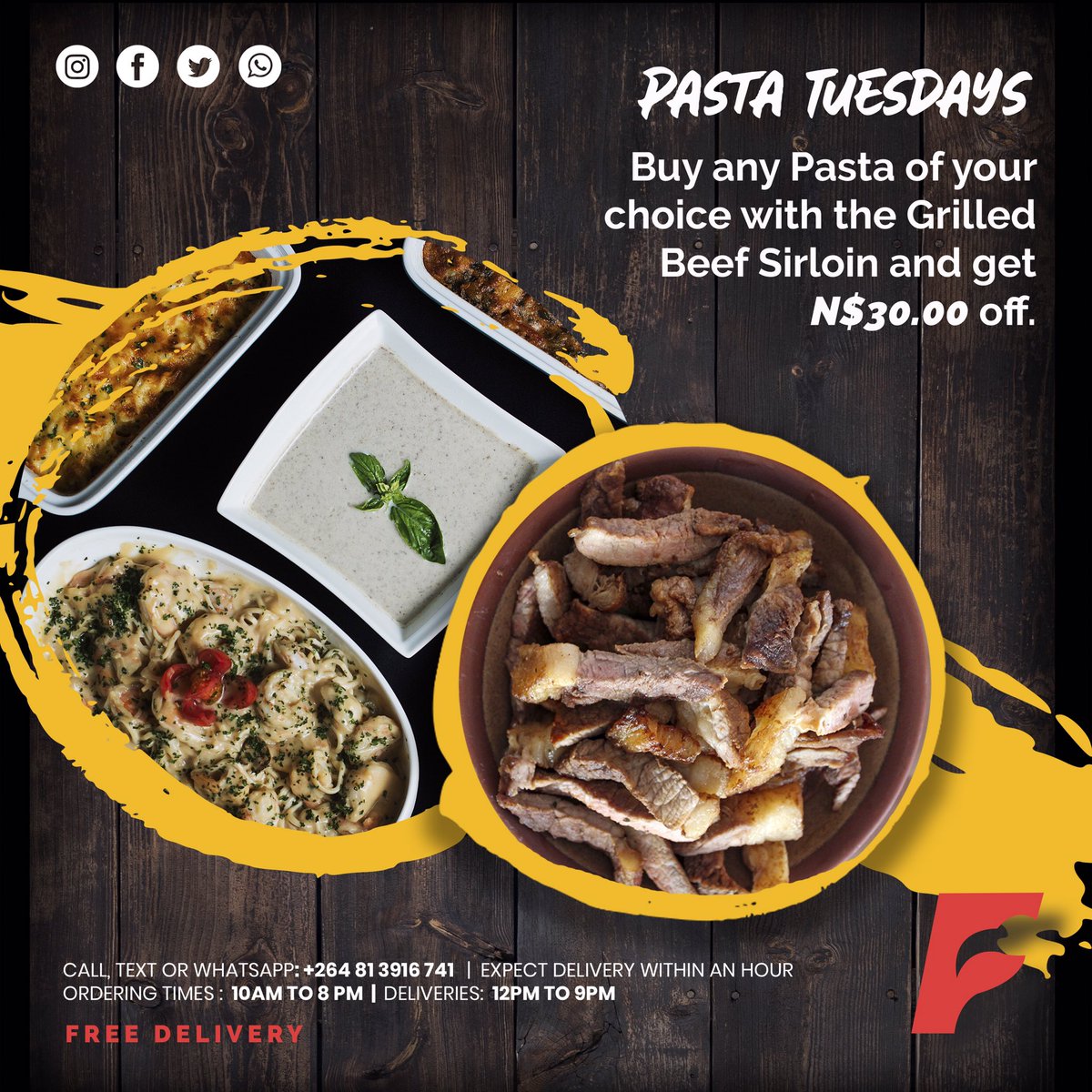 FlamingoNamibia's tweet photo. It’s #PASTATUESDAYS 🤩
Buy any pasta of your choice with the Grilled beef sirloin and get N$30 off!

To place your order, call 081 3916 741.

FREE DELIVERY 🚚 

#flamingo #grilledbeef #pastatuesdays #food #wheretoeatnamibia #namfoodies https://t.co/JJmISbl3mU