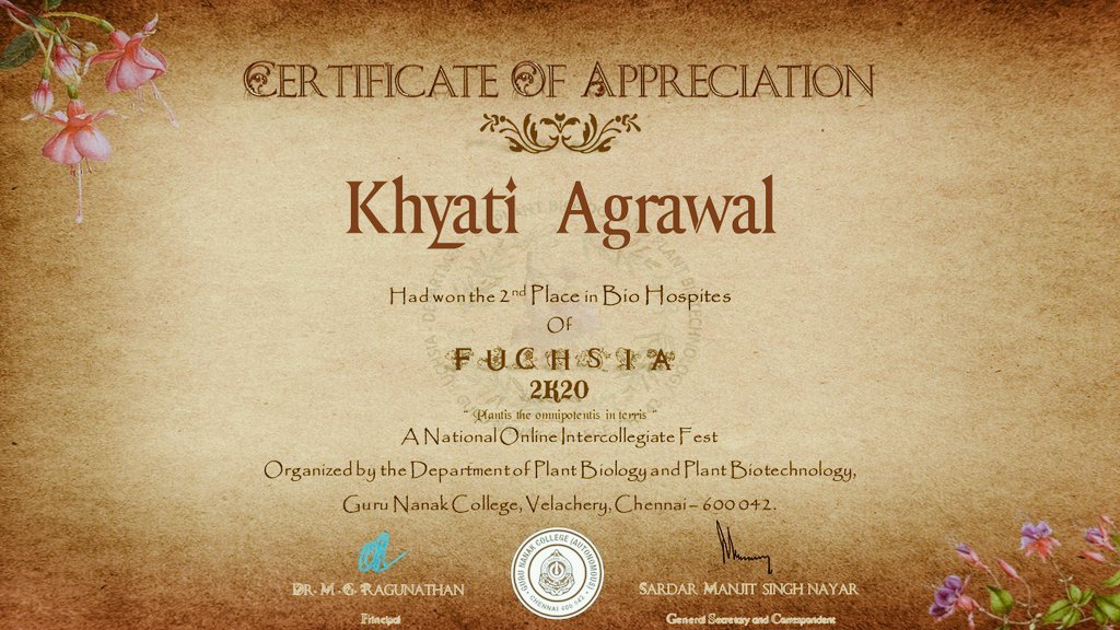 prakhyaati_'s tweet photo. Absolutely thrilled. Thanks and regards to the organising committee.
#Fuchsia2020 
#BioHospites
#GuruNanakCollege https://t.co/RltDE2NxYe