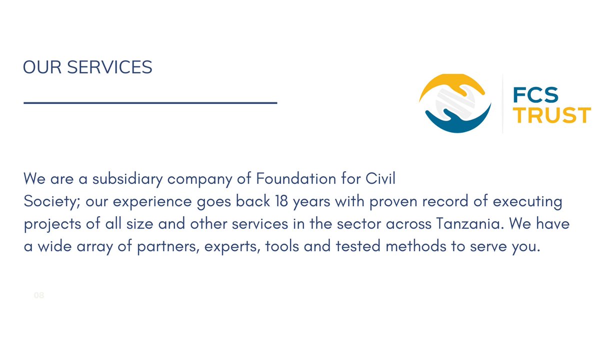 FCS_TRUST's tweet photo. We are a subsidiary company of @FCSTZ  and ; our experience goes back 18 years with proven record of executing projects of all sizes in the sector across Tanzania. 
#FCSTrust https://t.co/jnEYYN5Vo5