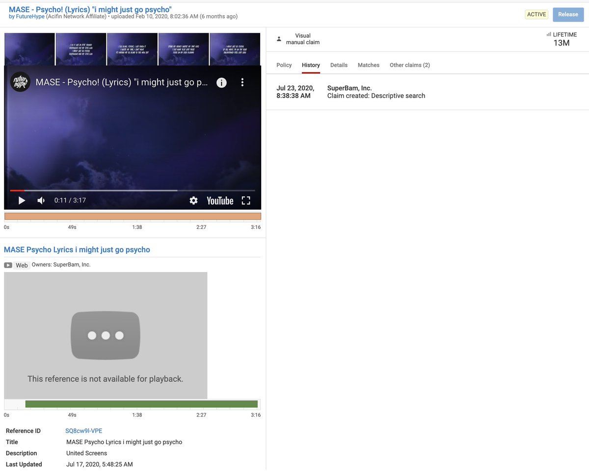SuperBAMScam's tweet photo. @TeamYouTube SuperBam, Inc. is abusing its access to the manual claiming tool by claiming lyric videos it does not own. Lyrics are copyrighted by the music publishers and they have no legal right to do this. Stealing millions from artists/labels https://t.co/QcmPiue5BV