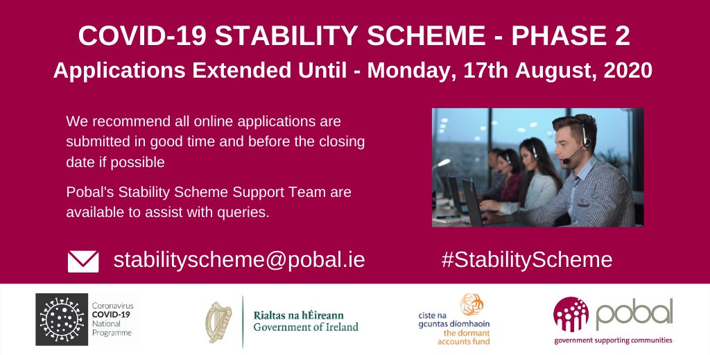 pobal's tweet photo. Did you know?The #StabilityScheme funding to support #community, #voluntary, #charities & #socialenterprises deadline has now been EXTENDED until Monday 17th August. Find our helpful step-by-step video on how apply on our website: https://t.co/JnB4OnZUaM… #COVID19 https://t.co/7Fn7IwSZed