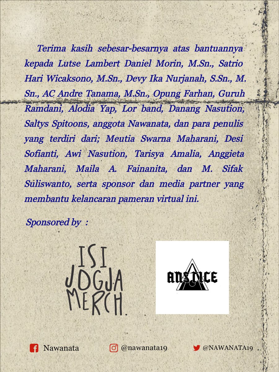 NAWANATA19's tweet photo. PENUTUPAN
What News Virtual Art Exhibition

Terimakasih atas semua dukungan teman-teman Seni Murni, para dosen, ISI Yogyakarta, seluruh Sponsorship dan media patner serta rekan-rekan yang turut mengapresiasi dan membantu kelancaran acara ini.
Nantikan pameran kami selanjutnya 🔥 https://t.co/rwQkNE5ccn