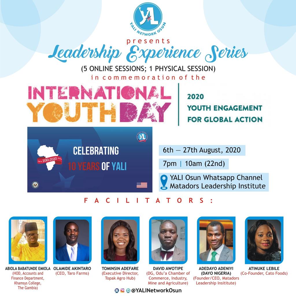 We've been engaging for the past few days some of our #YoungAfricanLeaders who are pacesetters in their respective fields in our ongoing 'Leadership Experience Series'

We've had 2 amazing ones & there's 4 more to go!

#InternationalYouthDay2020 #YALI10 #YALINetworkOsun #YALIOsun