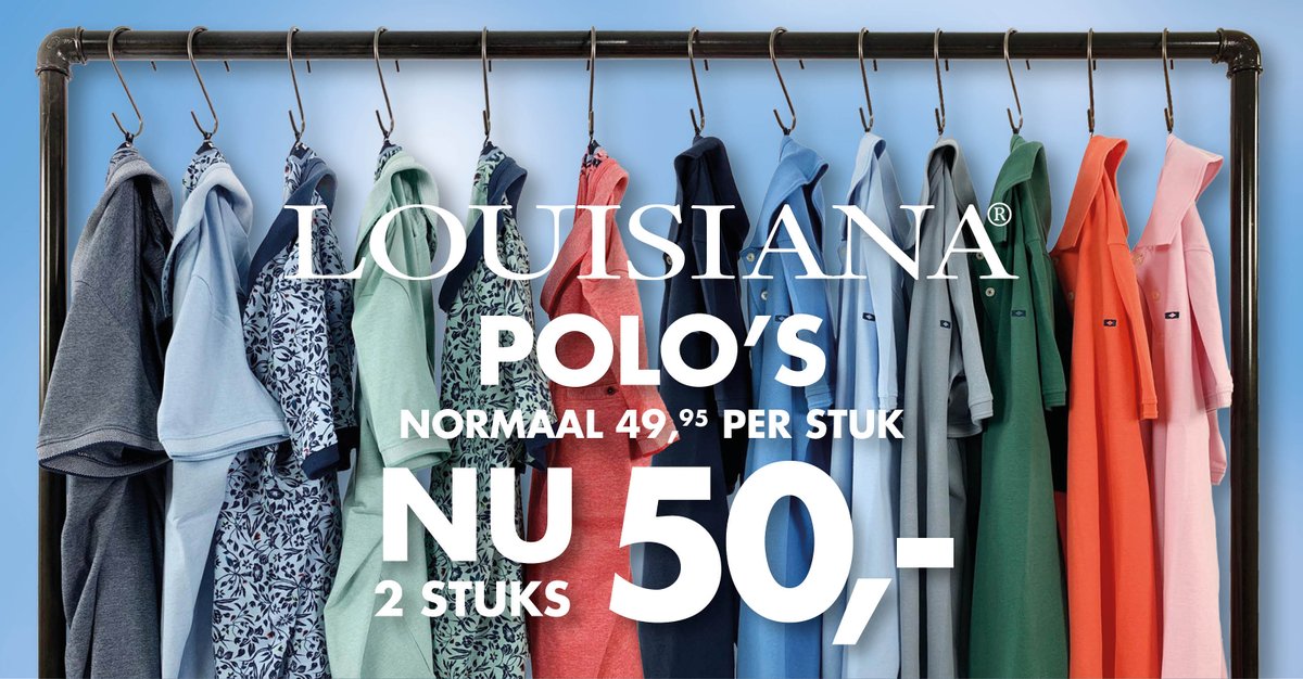 Nu 2 Louisiana polo's, uni of print in diverse kleuren, voor maar € 50,-! Kom tijdens de hitte lekker koel shoppen in ModeMall Wilp en CityStore Den Bosch of bestel de polo's direct online: bit.ly/3fqnr08
Wij volgend de richtlijnen van het RIVM