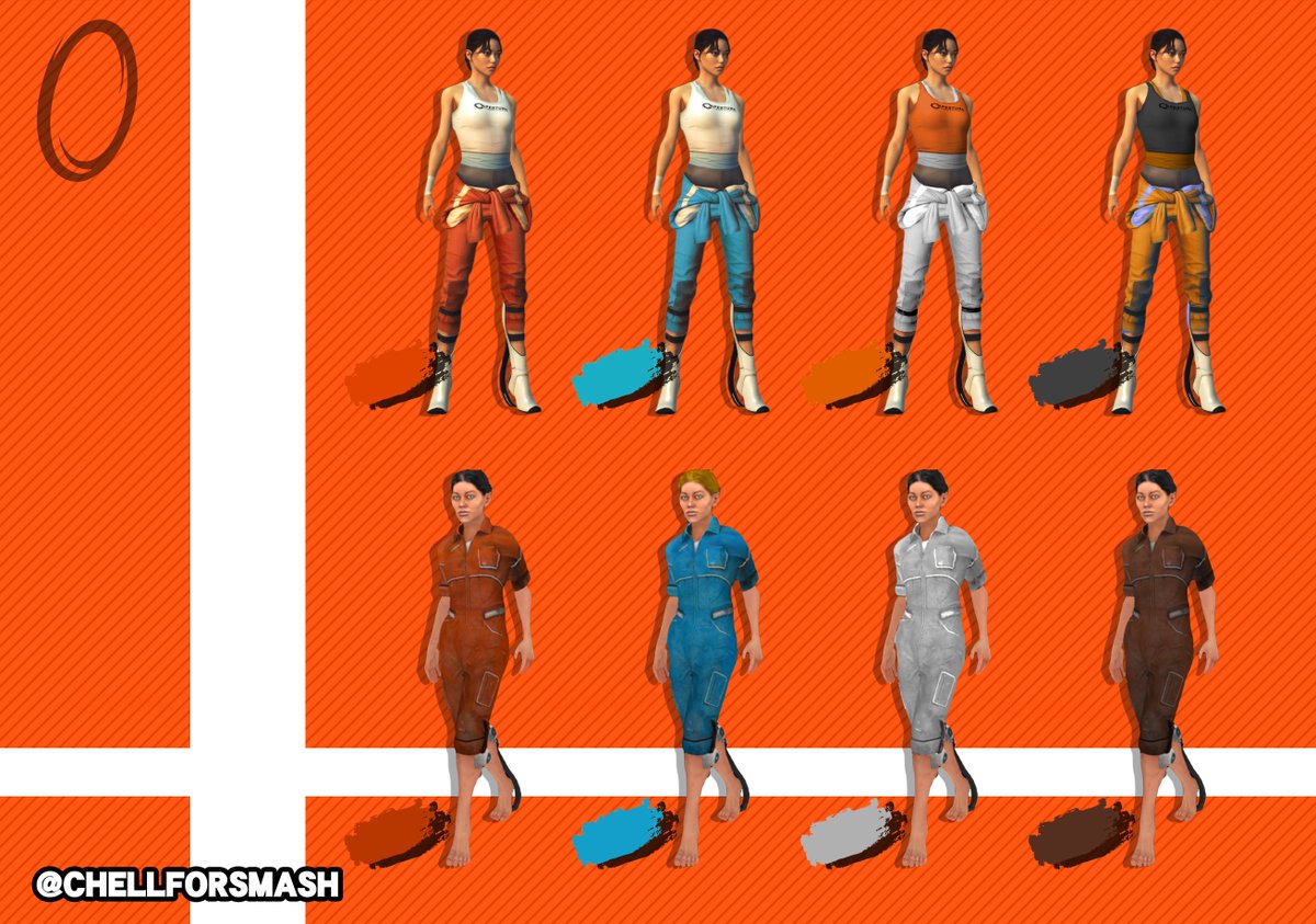 HeavyPortalGun's tweet photo. Here are my ideas for Chell's alternate colors !
She would of course come with her jumpsuit as an alternate costume, while her Portal 2 attire would be her default.
#ChellForSmash #SmashBros
#SuperSmashBrosUltimate https://t.co/0gqCUDENsq