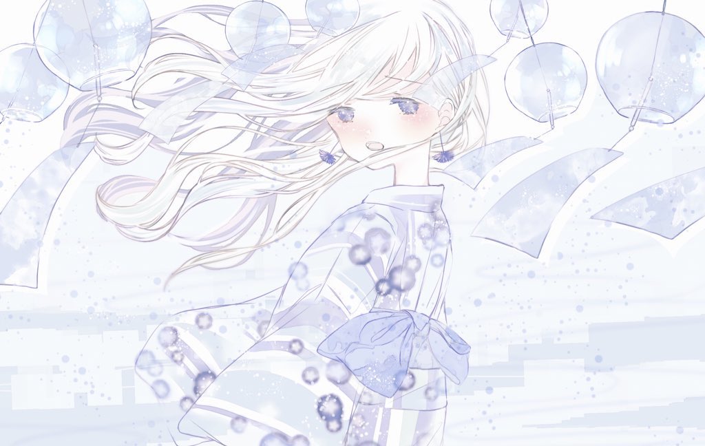 1girl solo japanese clothes long hair kimono white hair floating hair  illustration images