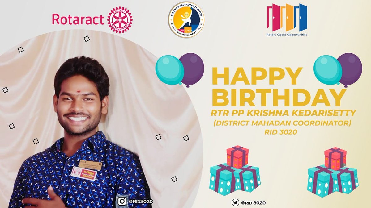 RID3020's tweet photo. RID 3020 Wishes you many more happy returns of the day Rtr. PP Krishna Kedarisetty
Thank you so much for your dedication to district Mahadan  Coordinator
#RotaractDistrict3020 
#longliverotaract 
#RID3020 
#rotaryopensopportunities 
#steptowardsopportunities https://t.co/2yaPEhaqaa