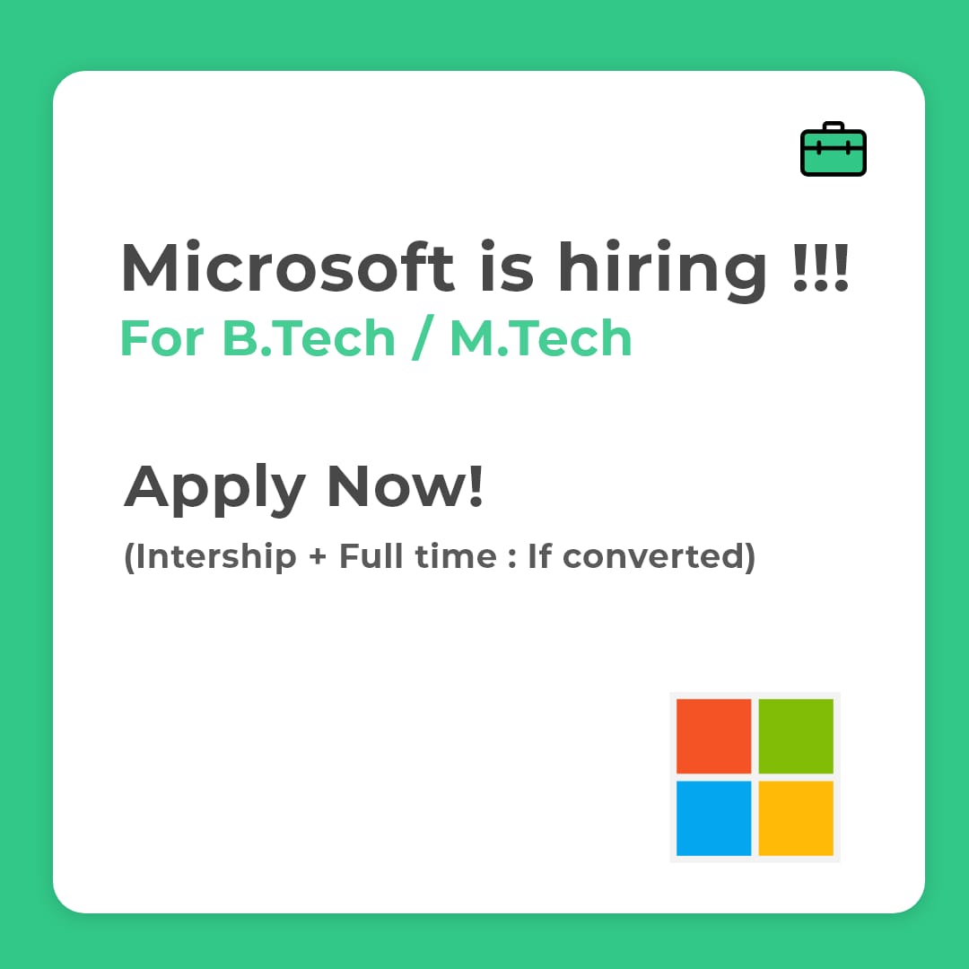 prepinsta's tweet photo. Link to apply : 👇
https://t.co/43qKtvTHnc
.
.
Microsoft is hiring, apply now before it gets off!
.
.
.
.
#microsoft #prepinsta #prepsters #jobs #career #placement #prepare #oppurtunity #PrepInsta https://t.co/PWjtppJEx6