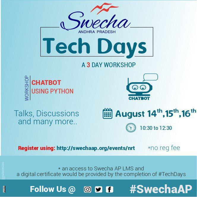 SwechaAP's tweet photo. A Three day workshop on Chatbot development using python,  Where you will get to know  through  Hands-on based Session of Building an Interactive chatbots which automates the actions that performs Manually.
REGISTER :
https://t.co/6Hek661esz
 #SwechaAP https://t.co/o9Rs8ElYDM