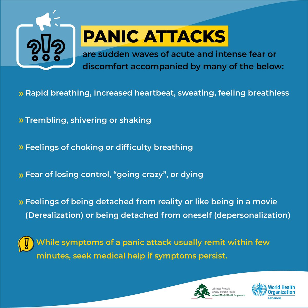 NMHPLebanon's tweet photo. A #panic_attack is a normal reaction after a #traumatic_event, such as the #Beirut_explosion. Learning about it is important to help yourself &amp; others. If it is frequent, talk to a #mental_health professional or the National Lifeline 1564 for assistance &amp;orientation to services. https://t.co/CbX5sgr6kg