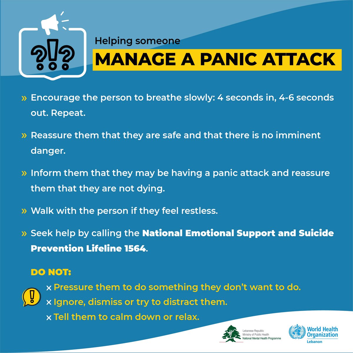 NMHPLebanon's tweet photo. A #panic_attack is a normal reaction after a #traumatic_event, such as the #Beirut_explosion. Learning about it is important to help yourself &amp; others. If it is frequent, talk to a #mental_health professional or the National Lifeline 1564 for assistance &amp;orientation to services. https://t.co/CbX5sgr6kg