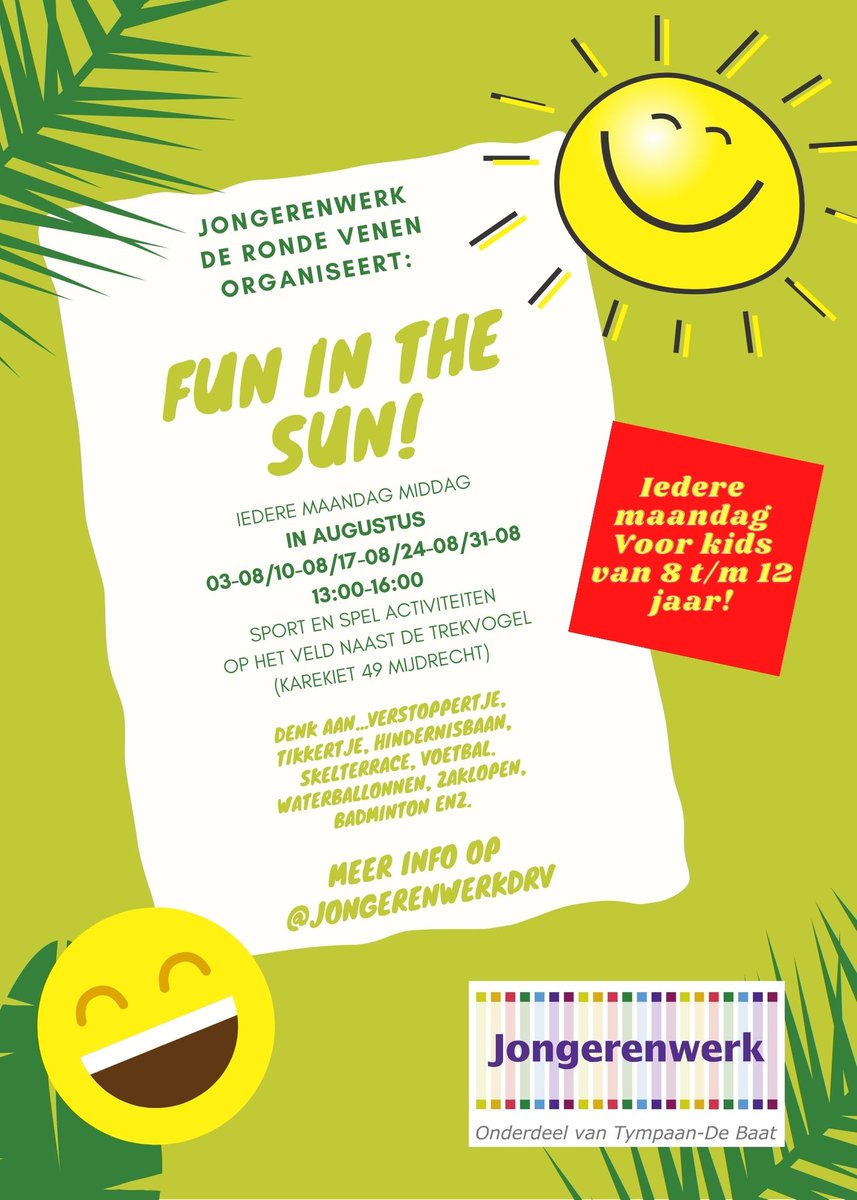 UitinDRV's tweet photo. Maandagmiddag 17 augustus organiseert het Jongerenwerk van @tympaandebaat weer leuke sport en spel activiteiten voor kinderen van 8-12 jaar.
De sport en spel activiteiten vinden plaats op het sportveld naast De Trekvogel / Leerwerkplaats de Ronde Venen https://t.co/4Paa2Ri1Lw