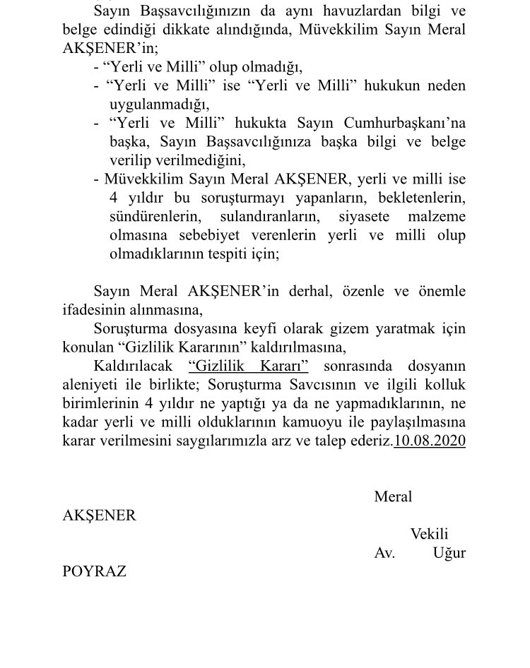 İyi Parti lideri Meral Akşener hakkında dört yıldır gizli FETÖ soruşturması var. Akşener, dört kez savcılığa başvurduğu halde ifadesi alınmadı ve gizlilik kararı verildi.
Cumhurbaşkanı Erdoğan’ın “yerli ve milli” demesi üzerine Akşener, dün beşinci kez savcılığa dilekçe verdi.