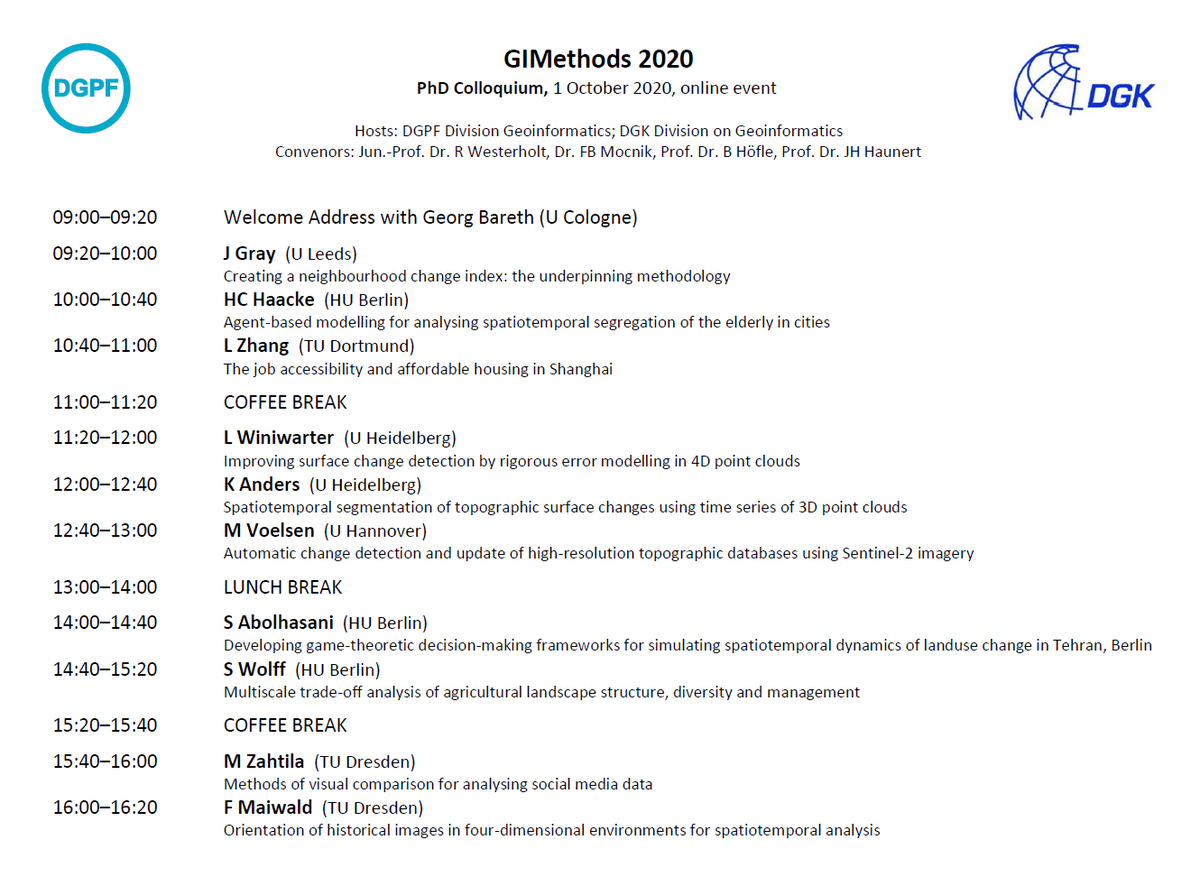 René Westerholt (@rwesterh87) on Twitter photo The programme for #gimethods2020 is complete! Looks like a fantastic line-up of PhD contributions for 1 October! DM me, if you are interested in attending the virtual colloquium!
<a href="/franzbenjamin/">Franz-Benjamin Mocnik</a> @BernhardHofle @JHGrayL <a href="/kappadiversa/">Katharina Anders</a> <a href="/geogemgis/">Lukas Winiwarter</a> <a href="/hannah_haacke/">HannahHaacke</a> The programme for #gimethods2020 is complete! Looks like a fantastic line-up of PhD contributions for 1 October! DM me, if you are interested in attending the virtual colloquium!
<a href="/franzbenjamin/">Franz-Benjamin Mocnik</a> @BernhardHofle @JHGrayL <a href="/kappadiversa/">Katharina Anders</a> <a href="/geogemgis/">Lukas Winiwarter</a> <a href="/hannah_haacke/">HannahHaacke</a>