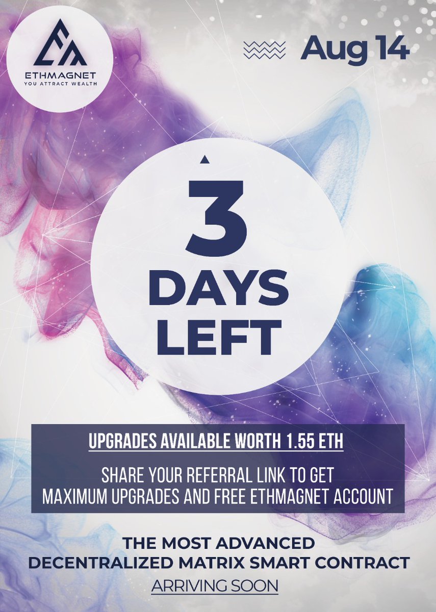 Hurry! Last 3 days left to get a FREE PAID ACCOUNT on Ethmagnet. Log on to ethmagnet.com now and join the super exciting Airdrop and Bounty Campaigns. Do not miss this golden opportunity for lifetime earnings.
#cryptogiveaway #smartmoney #Blockchain #Airdrop #Bounty