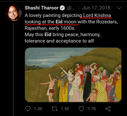 This tweet , Lord Krishna looking at EID moon. Wow never knew that EID was celebrated in dwapara yuga. Thank you Shashi sir for this precious information.