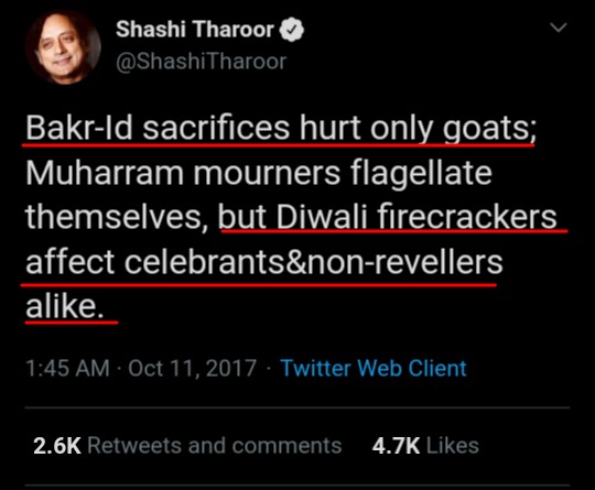 In this tweet he is shamelessly defending bloodshed and animal cruelty, okay he is secular but in next line he criticises Diwali for air pollution. Great.