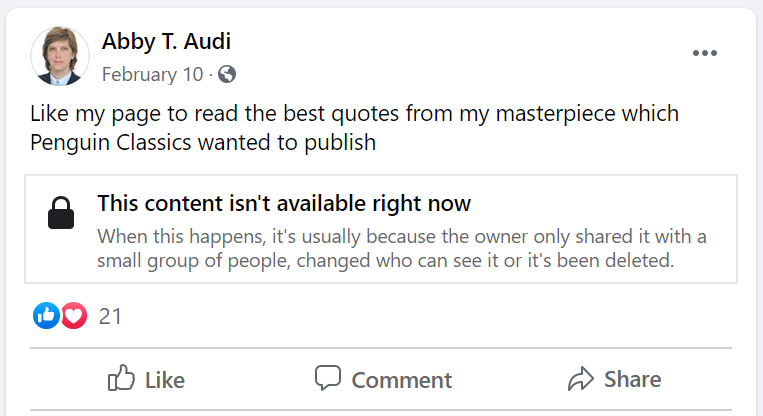 36. I could go through her FB feed all day. Here, the claim is that Penguin Classics "wanted to publish" her novel. But I guess she turned them down for the fascists over at Arktos instead!