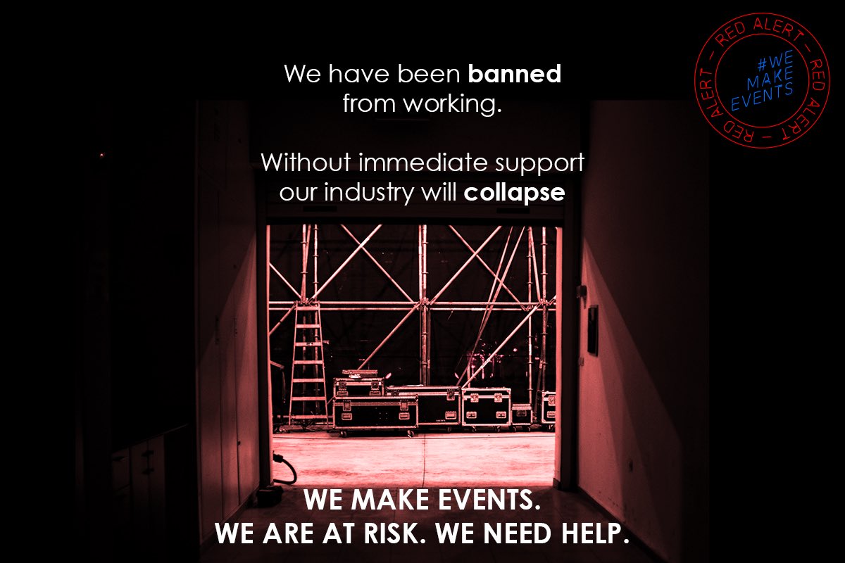 GavinMaze1's tweet photo. The #WeMakeEvents RED ALERT day of action is ON!
 #LetTheMusicPlay #LightItInRed #RishiSunak #OliverDowden #CarolineDinenage #SkyNews #BBCNews #festival #festivalseason #livemusic #livemusicrocks #liveevent #supportneeded #glastonbury #gigs #livegig #covid19 #redalert https://t.co/7bP9T5NTYt